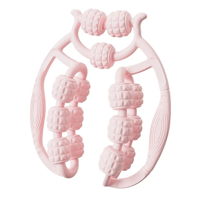 Ring clip leg massage roller with double-row wheels in coral pink colour for muscle relaxation
