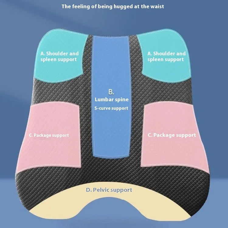 Grey lumbar support cushion for office chair measuring 40cm wide, shown next to navy blue and pink colour options.