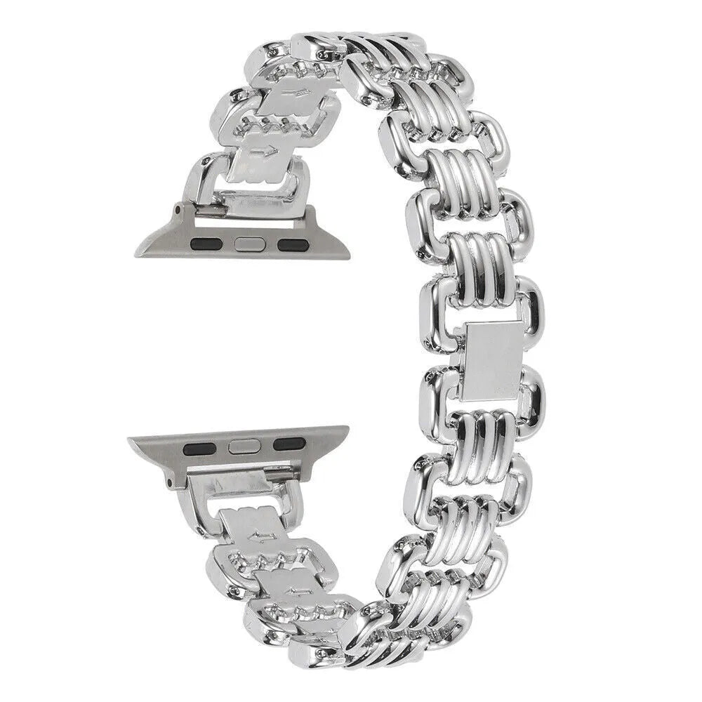 Silver alloy metal bracelet strap for Apple Watch on a grey background.