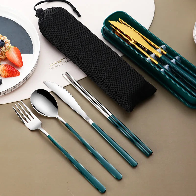304 stainless steel portable cutlery set with knife, fork, spoon, and mesh bag in gold finish