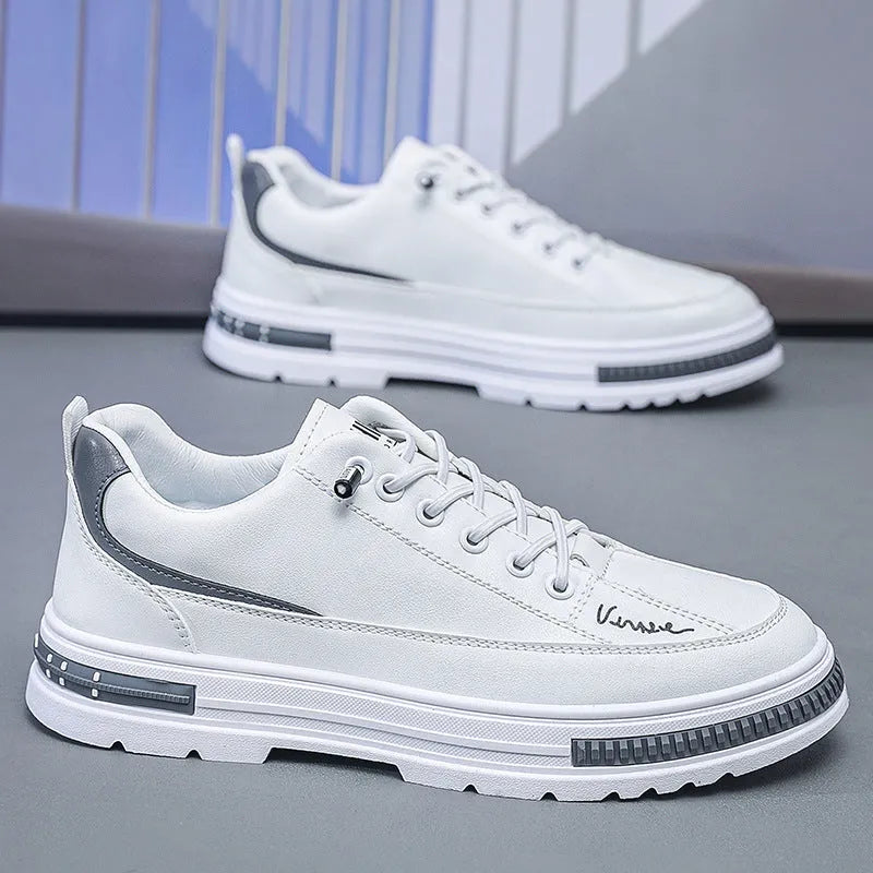 Men's white low-top platform sneakers with elastic band and round toe.