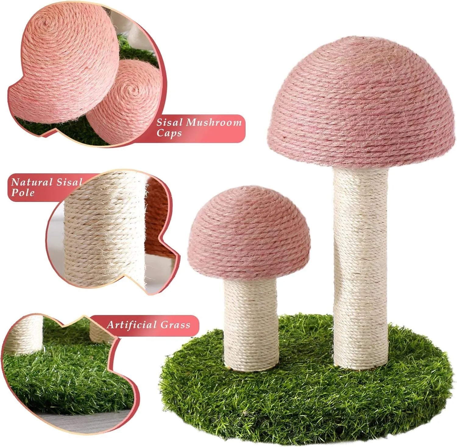 Pink mushroom-shaped cat scratching post with natural sisal caps and pole for small indoor cats