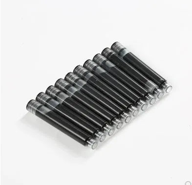 Ten black rubber fountain pen ink sacs with small silver metal nipple rings for repair