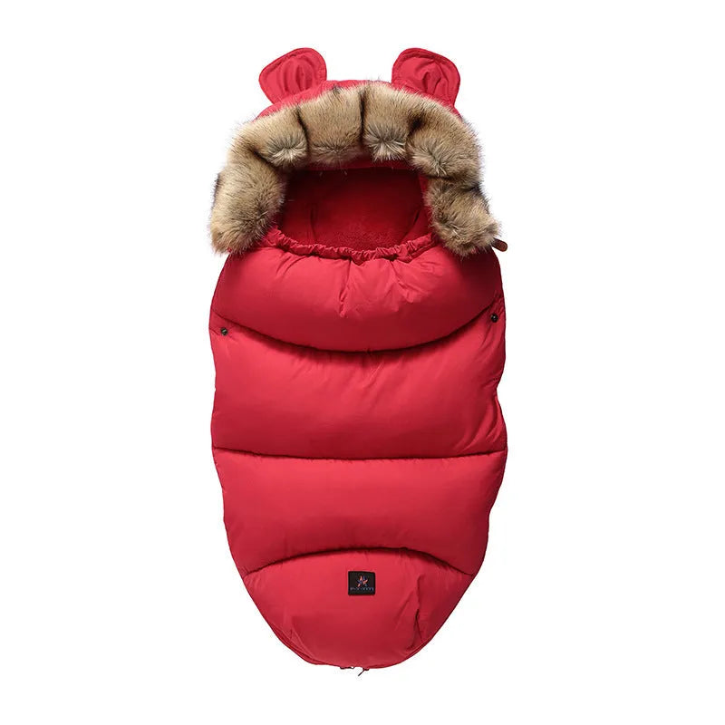 Baby warm cocoon style sleeping bag on a neutral background demonstrating solid colour design with zip closure