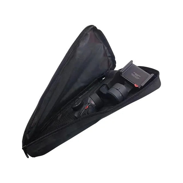 Black water-resistant cloth storage bag for a mobile phone gimbal, shown open with mesh pockets inside.