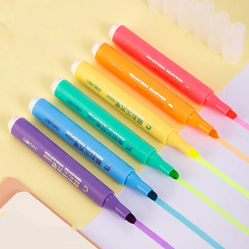 Deli S605 highlighter pens in macaron and crystal colours with oblique fibre tips.
