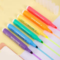 Deli S605 highlighter pens in macaron and crystal colours with oblique fibre tips.