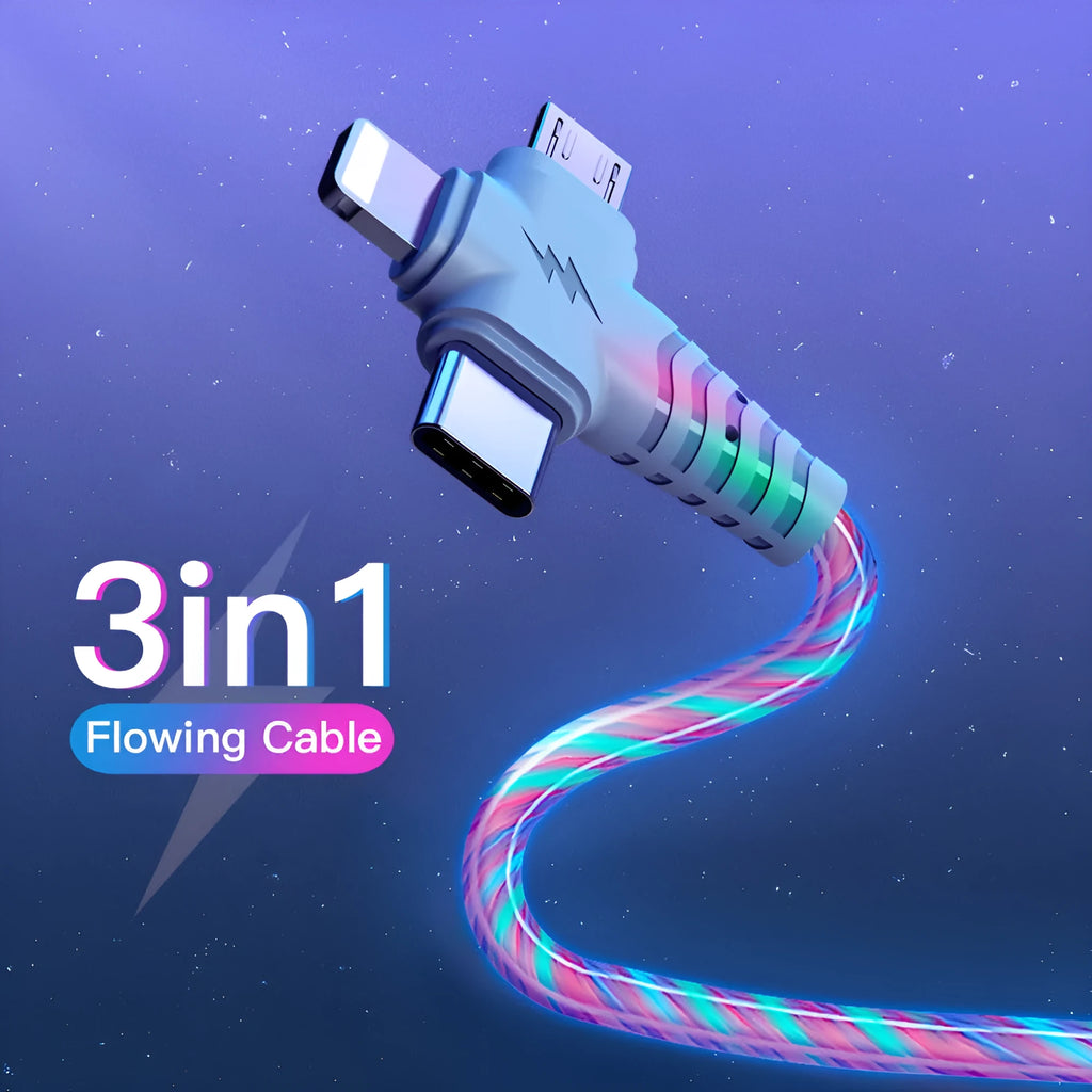 Three-in-one fast charging cable with luminous streamer and aluminium alloy connectors