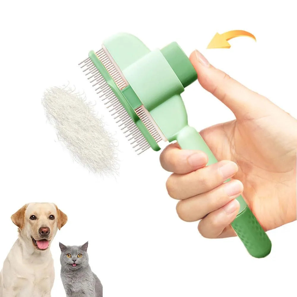 Yellow and green pet grooming comb with stainless steel teeth and release button for cats dogs