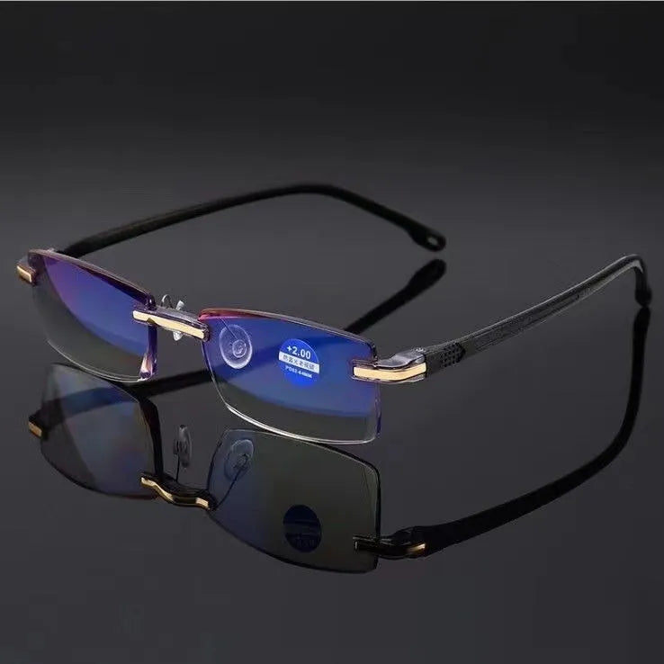 Frameless anti-blue light presbyopic glasses for elderly with diamond trimming, black frame transparent lens option