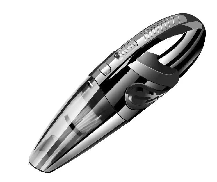 Black cordless handheld car vacuum with crevice nozzle and dust brush on grey background