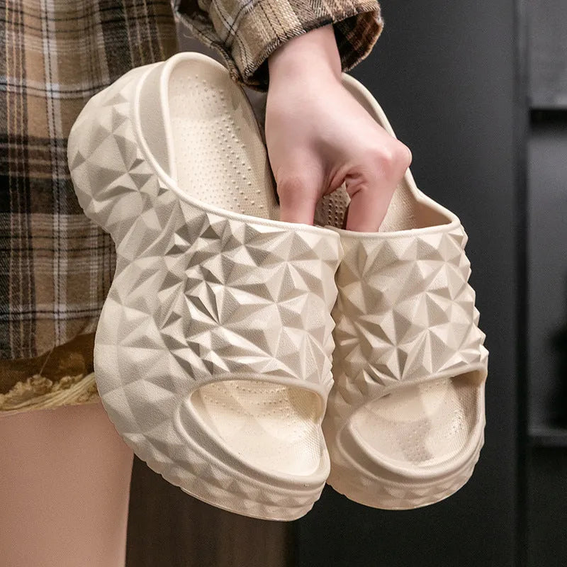 Women's khaki EVA high-heel wedge flip-flop slippers with a thick sole, shown from the side.