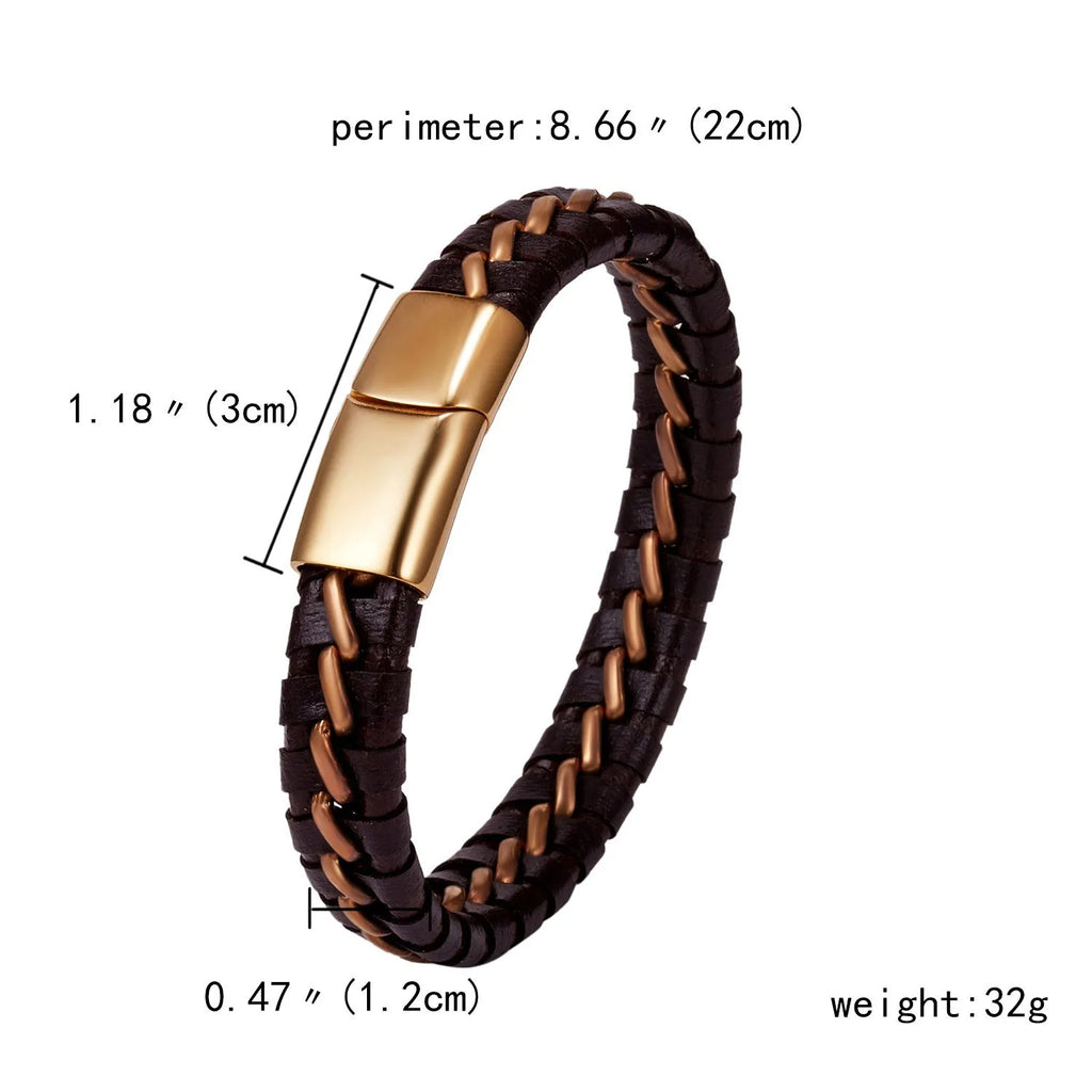 Woven leather bracelet for men with silver alloy cuff on a neutral background