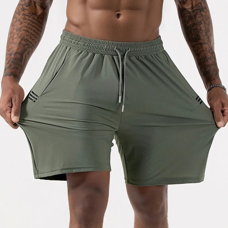 Men's black Ice Silk sports shorts with elastic high waist and straight cropped leg.