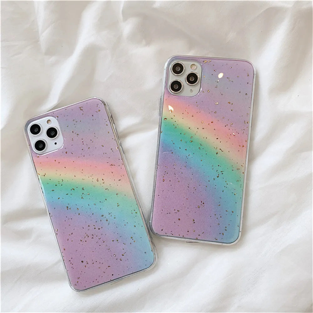 A gradient rainbow coloured TPU protective iPhone case with a striped design on a white background.