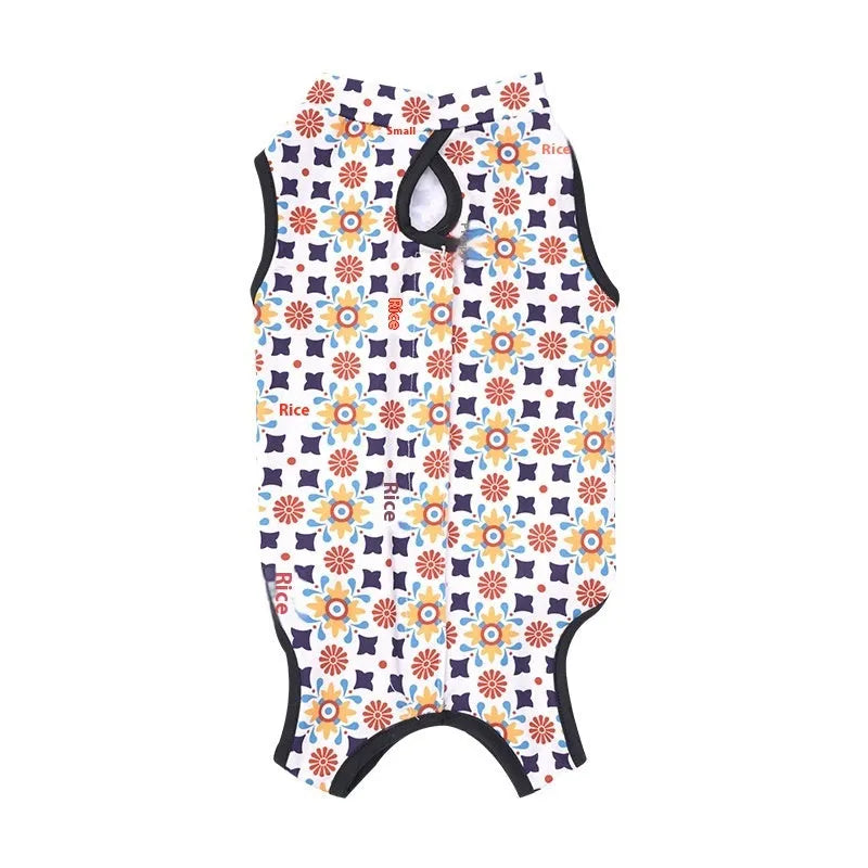Adjustable velcro cat sterilisation recovery suit in a printed colour design, sizes S M L XL.