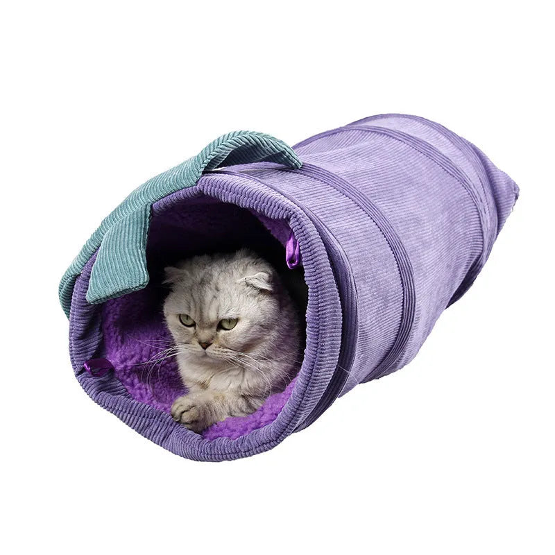 Creative fruit funny pet cat tunnel toy with soft cloth in green cucumber colour featuring 4 belts and hooks