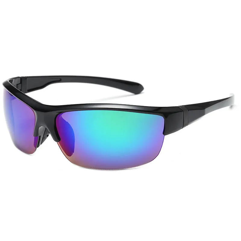 Men's windproof cycling sunglasses with semi-frameless frame and PC lenses in multiple colour options.