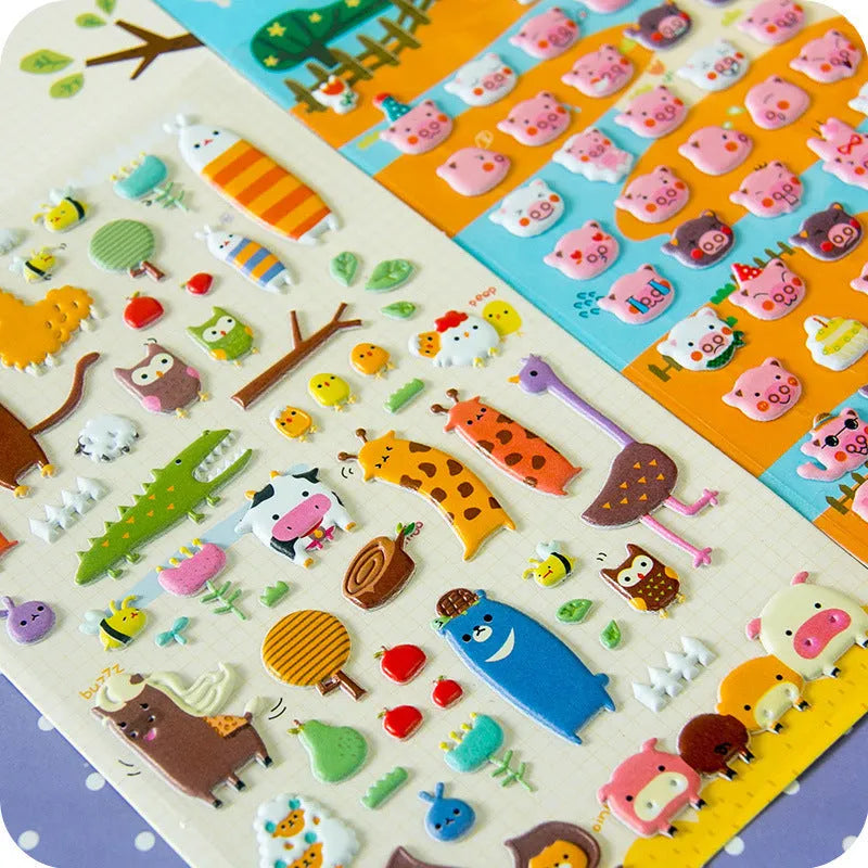 Cartoon three-dimensional bubble stickers showing raised puffy designs including alpaca, cat, dinosaur, and bunny themes