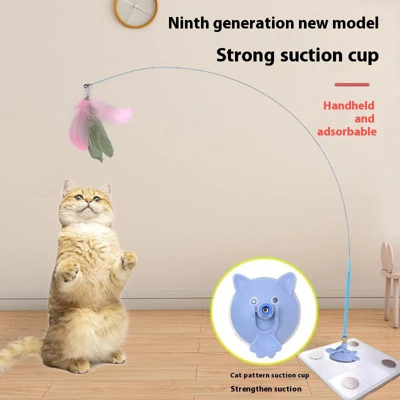 Cat teaser stick toy with suction cup base and colourful interchangeable head attachments