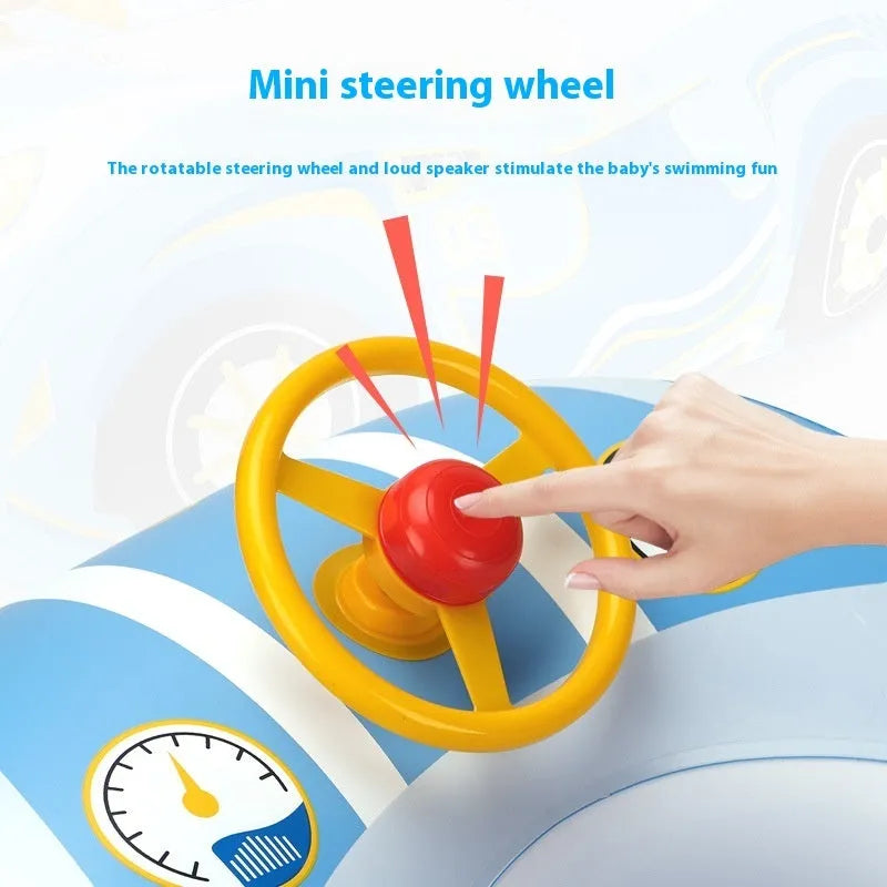 Pink inflatable children's swimming ring with a steering wheel and cartoon sports car boats pattern.