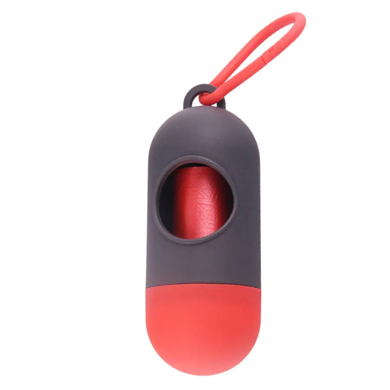 Compact dog poop bag holder with side hook and Velcro base, shown in assorted colours