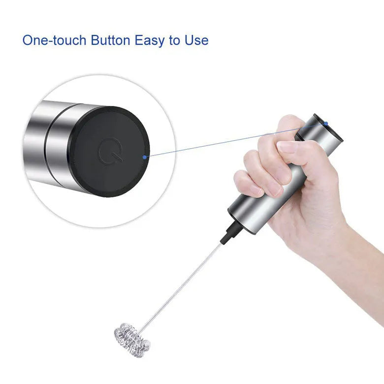 Silver electric milk frother handheld whisk with double stainless steel head on white background