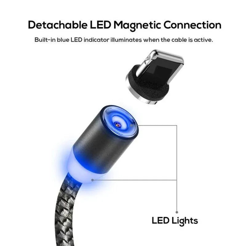 Aluminium alloy magnetic charging cable with three detachable plugs for Apple, Android, and Type-C devices.