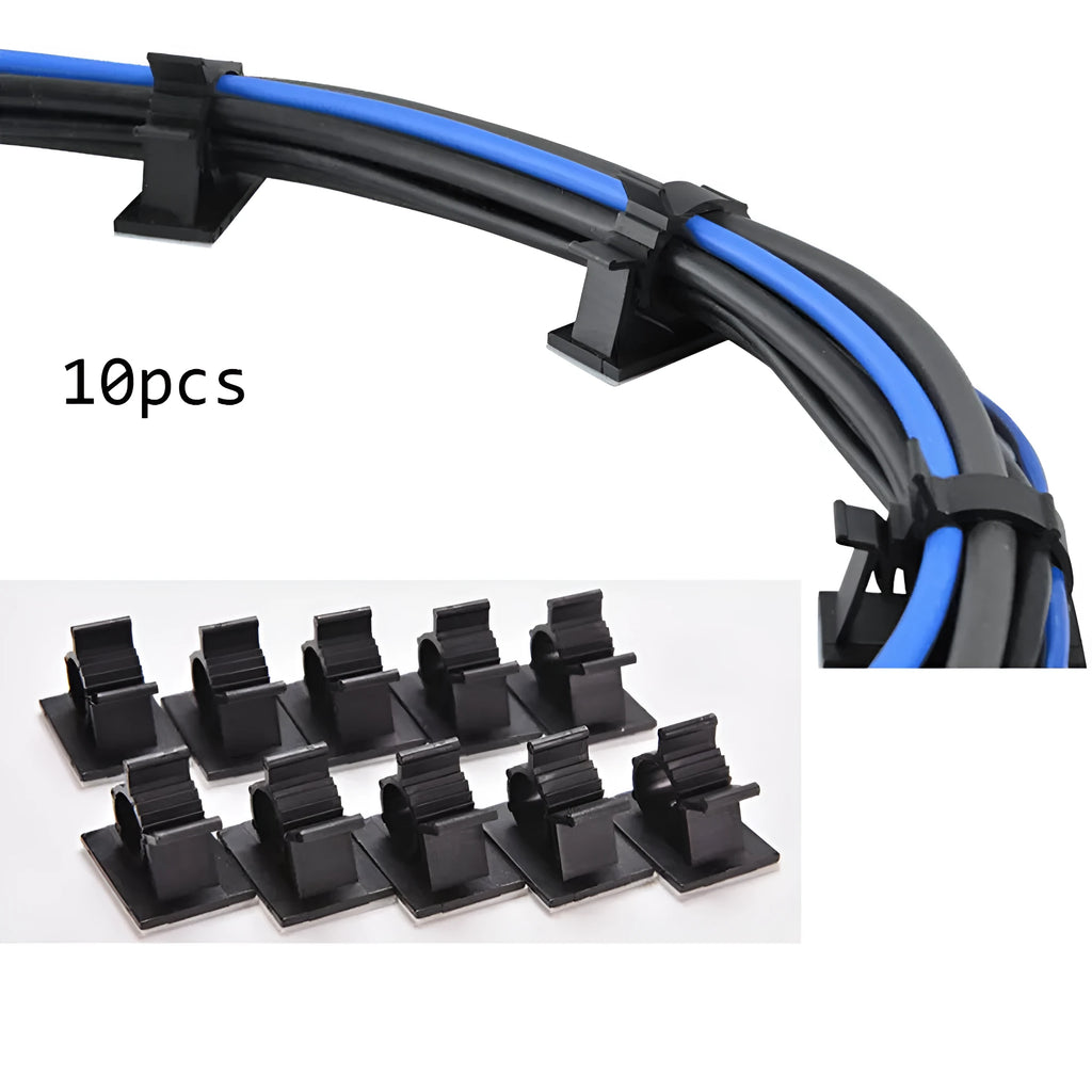 Ten black nylon adhesive cable clamps for wire management, shown with a cable inserted.