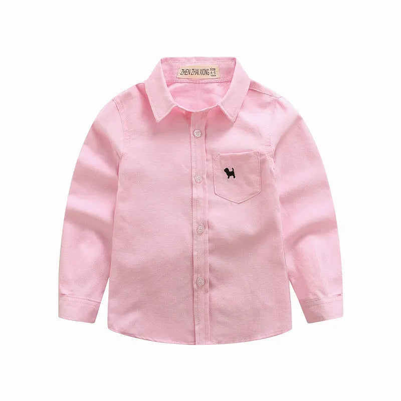 Boy's blue long-sleeved cotton shirt with lapel collar shown on a hanger.