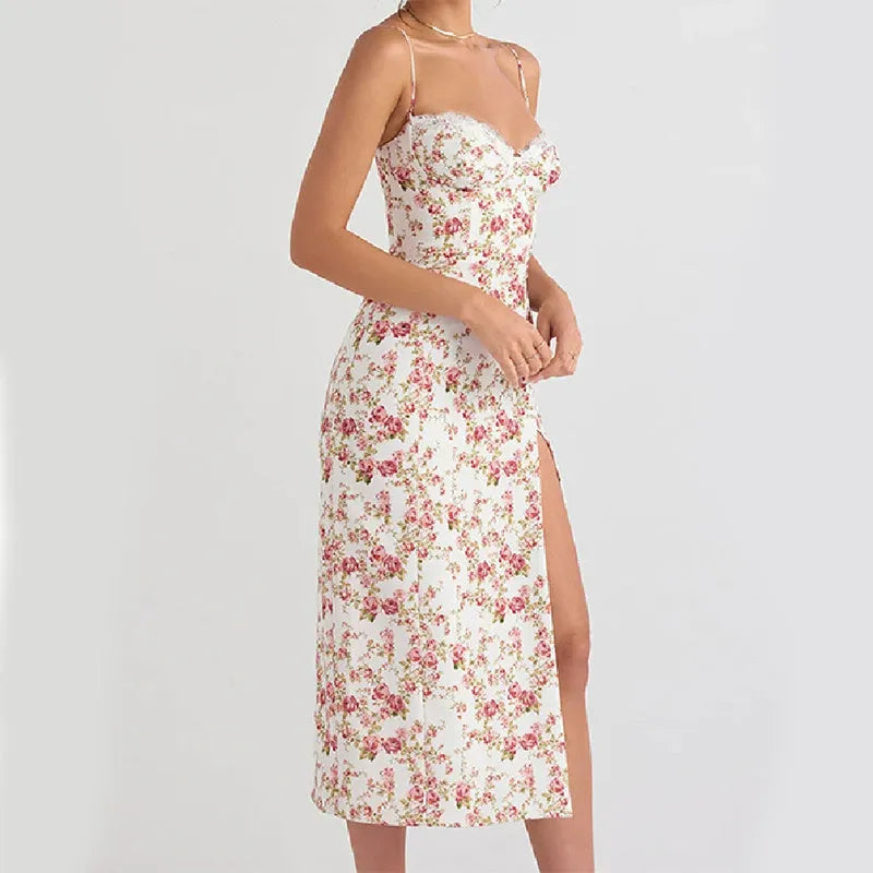 Women's lace flowers print long dress with adjustable suspenders and side slit in blue, green, or red