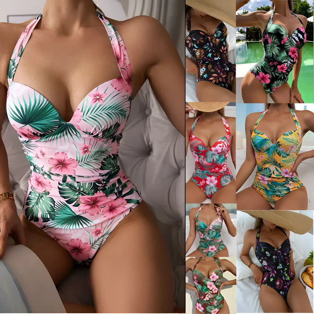 Women's printed halter neck one-piece swimsuit with backless conservative design