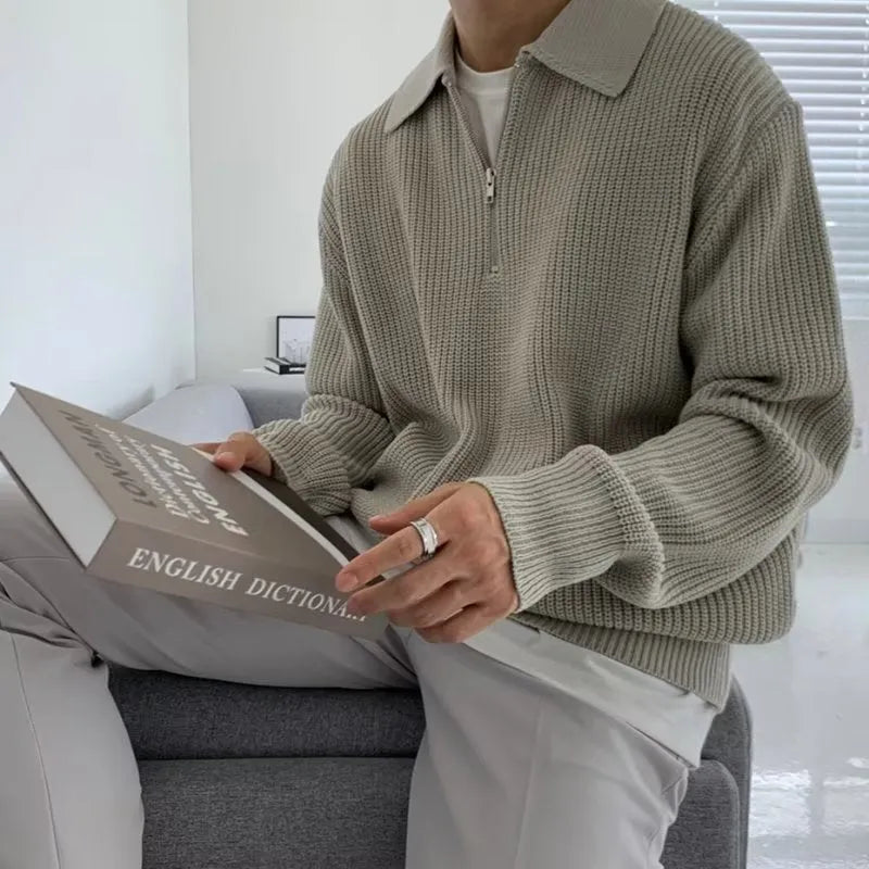 Men's loose fit lapel sweater in khaki winter knit pullover