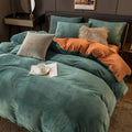 Double bed flannel bedding set in light gray with flange detail, solid colour polyester coral velvet