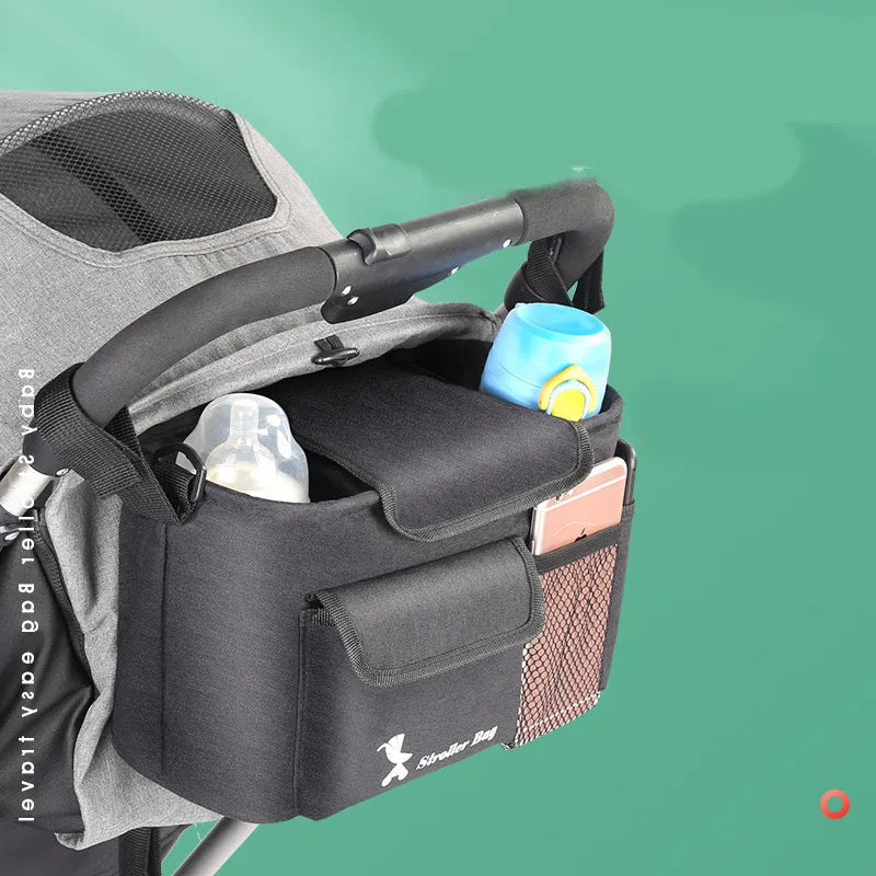 Black baby carriage bag made from 300D snowflake fabric, showing its structured shape and size.