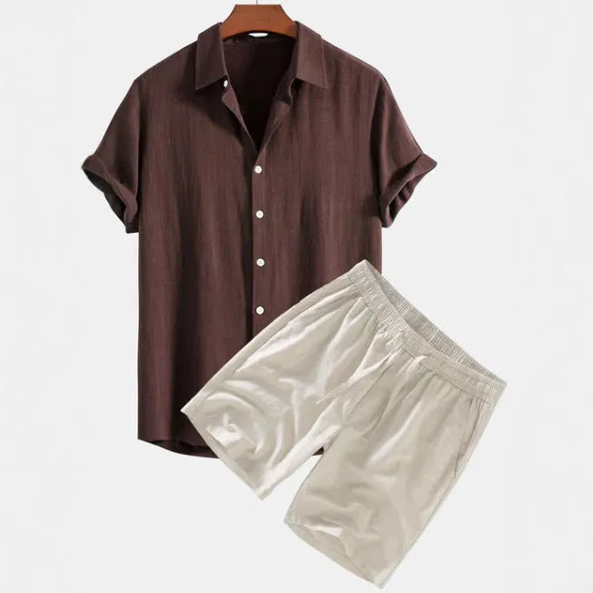 Men's solid colour casual shorts suit set with short-sleeved shirt and matching shorts on a hanger