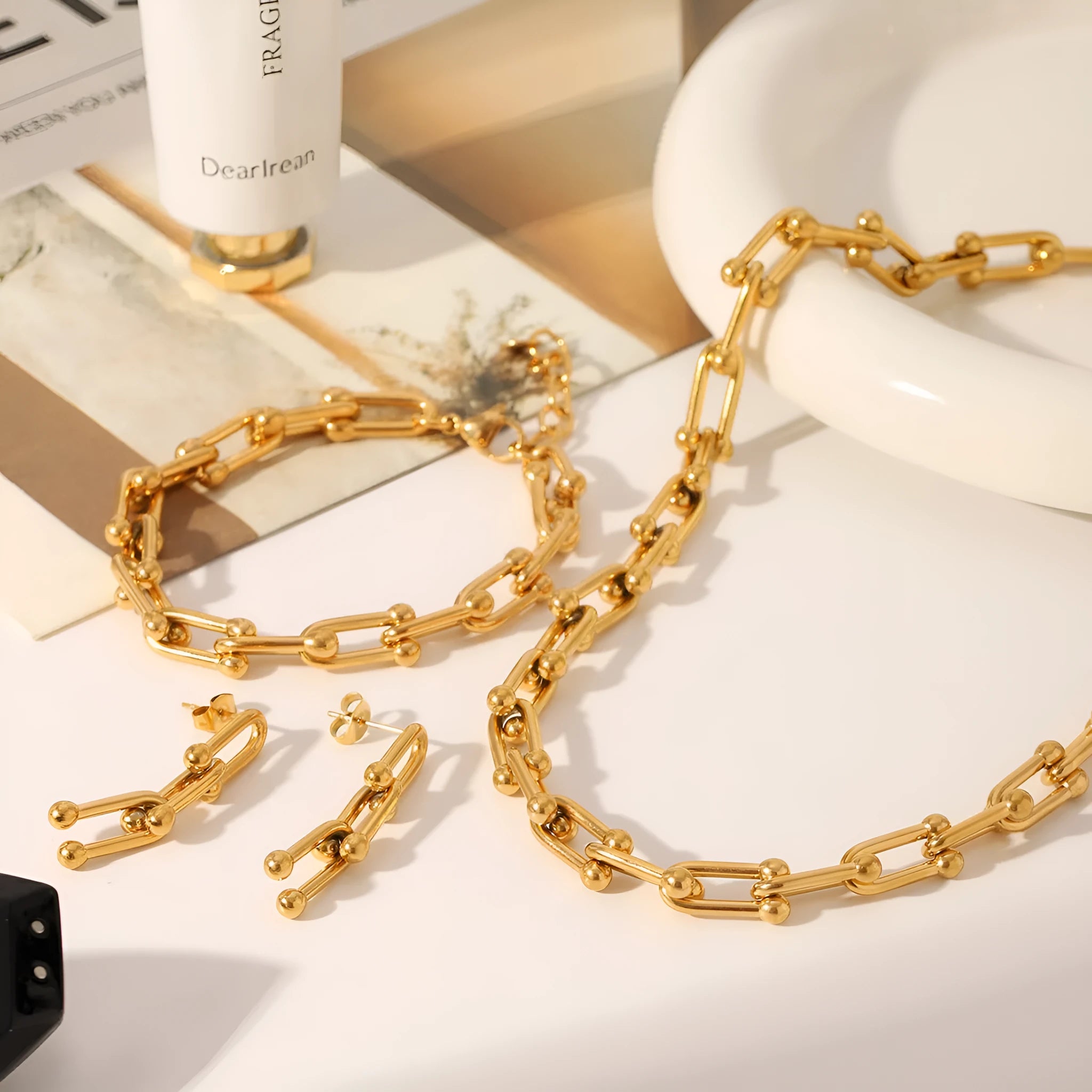 Stainless steel necklace, bracelet and earrings set with titanium steel horseshoe pendants