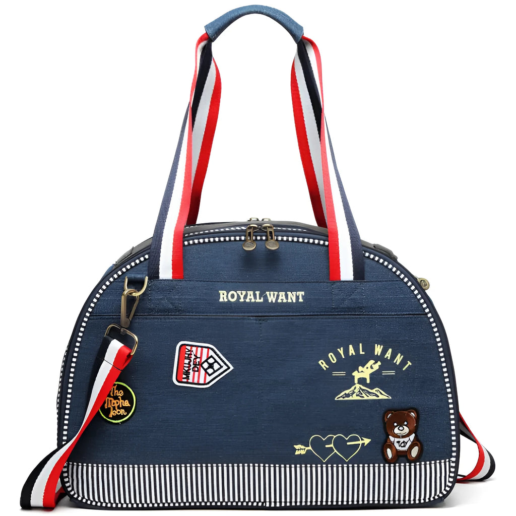 Blue denim pet diaper bag with cartoon pattern, dimensions 43cm by 20cm by 30cm