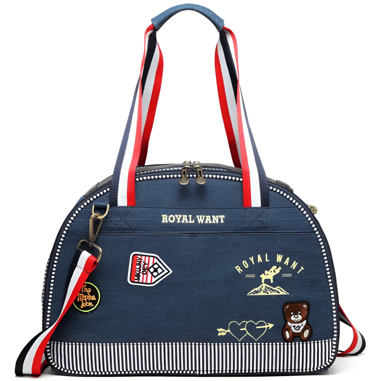 Blue denim pet diaper bag with cartoon pattern, dimensions 43cm by 20cm by 30cm
