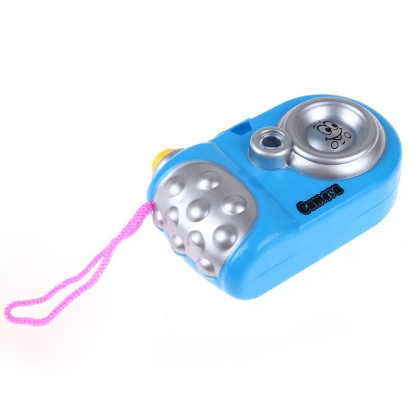 Blue or pink plastic kids toy projection camera with a sliding lens cover on a white background.