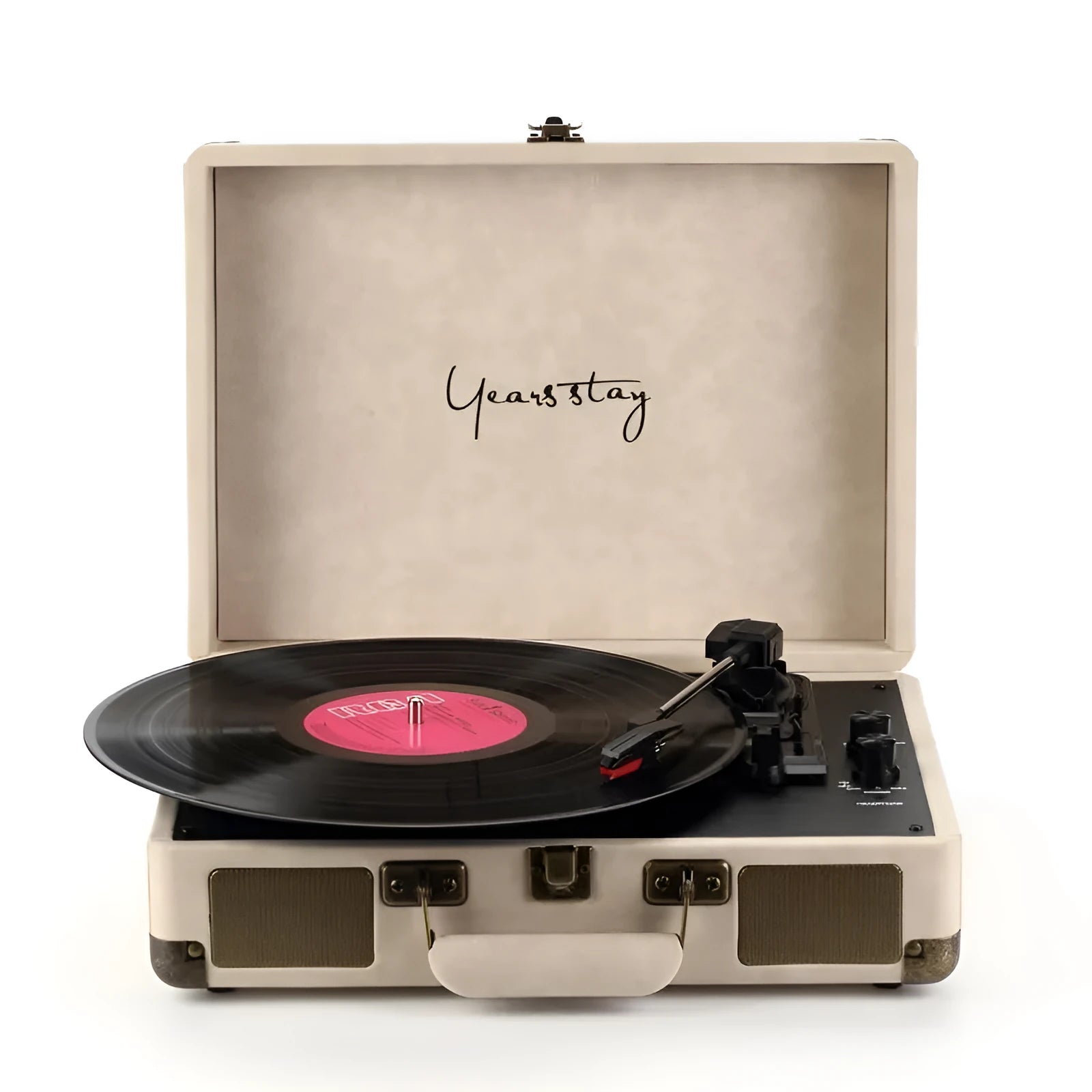 Portable Bluetooth phonograph turntable in a leather case, showing colour options.