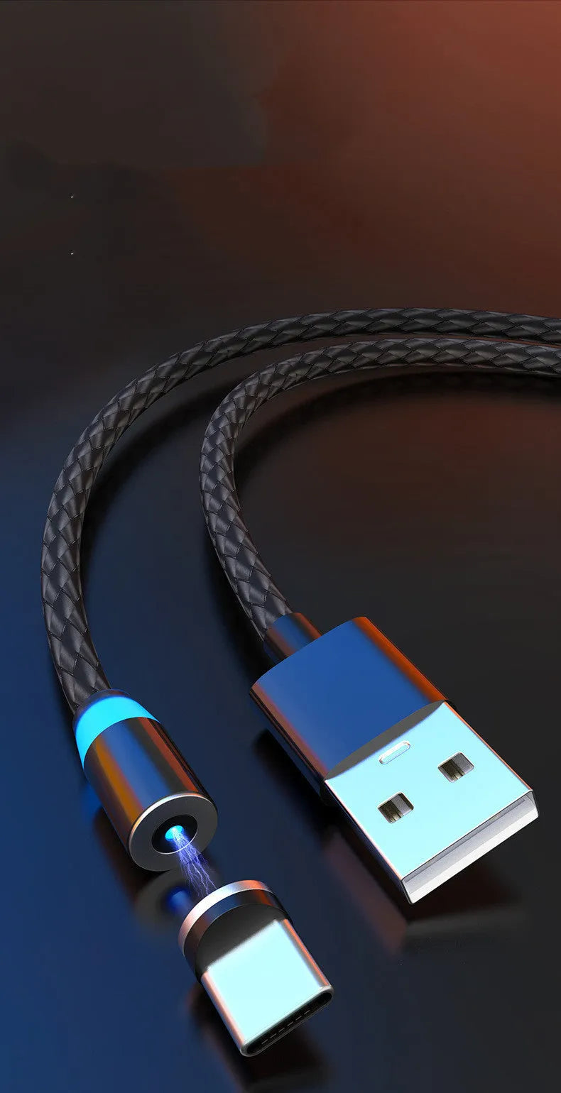 Multi-colour magnetic USB charging cables with glowing LED light, showing Lightning, TYPE-C, and Micro USB magnetic connectors.