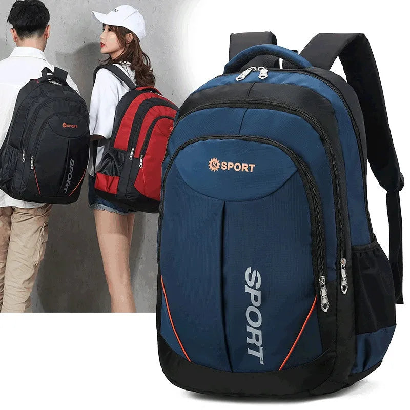 Large capacity men's backpack in black colour with curved shoulder straps and letter detailing