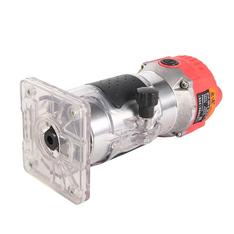 Electric trimming machine with carbide fillet knife and guide assemblies for wood and metal edge chamfering