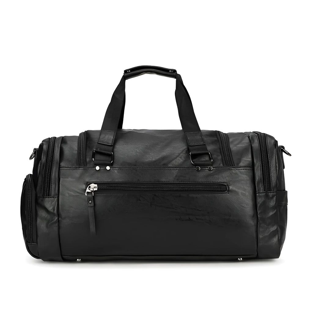 Large black travel holdall with a separate zippered shoe compartment at one end.