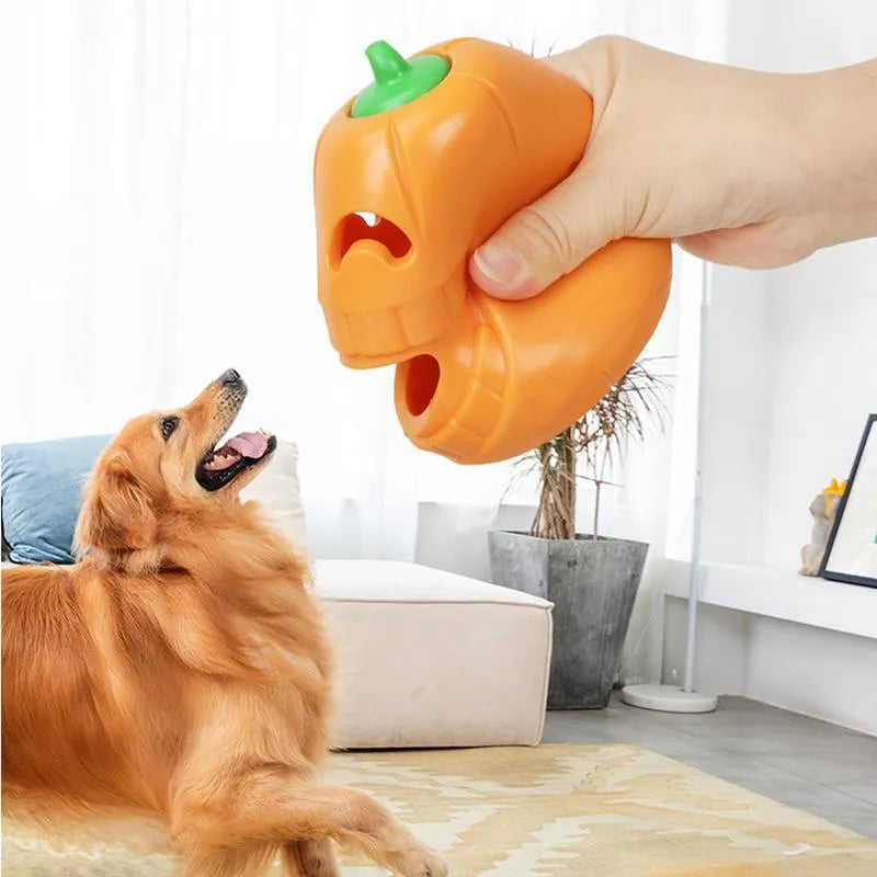 Yellow pumpkin-shaped TPR dog chew toy measuring 8.6x11.5cm for aggressive chewers