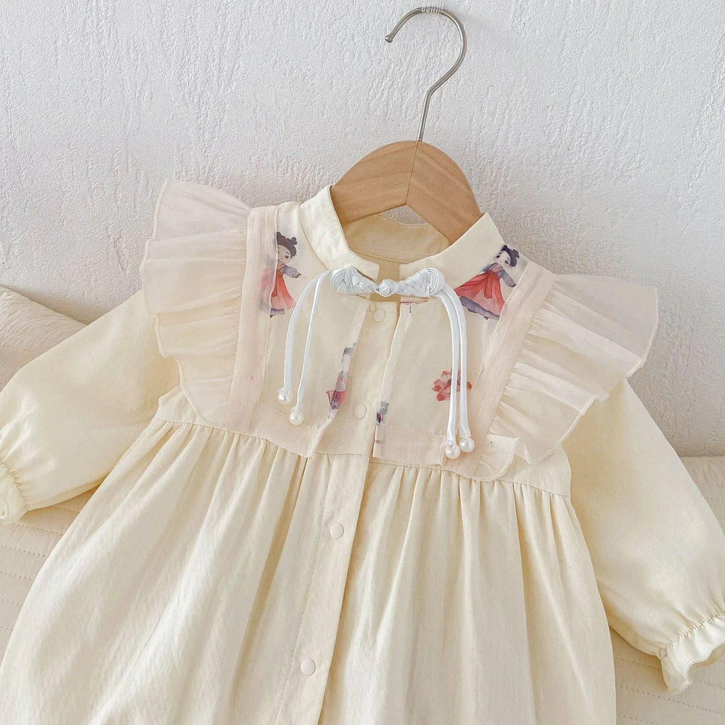 Baby cotton princess style jumpsuit in apricot with long sleeves pullover design