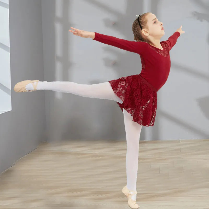 Girls short-sleeve ballet practice dress in Lycra cotton with lace trim available in black pink wine red