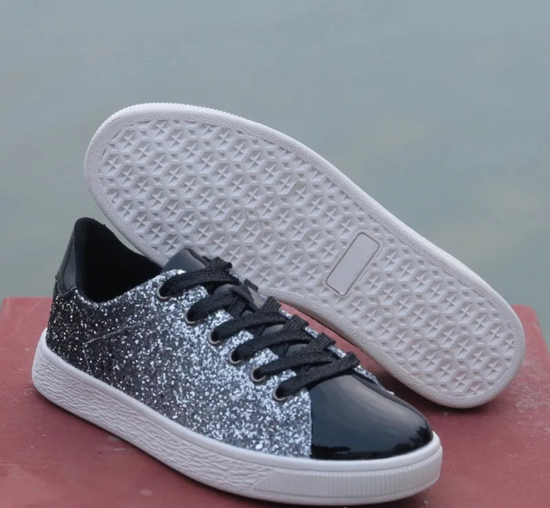 Women's colourful sequin low-top casual shoes in black, gold, or pink with lace-up front
