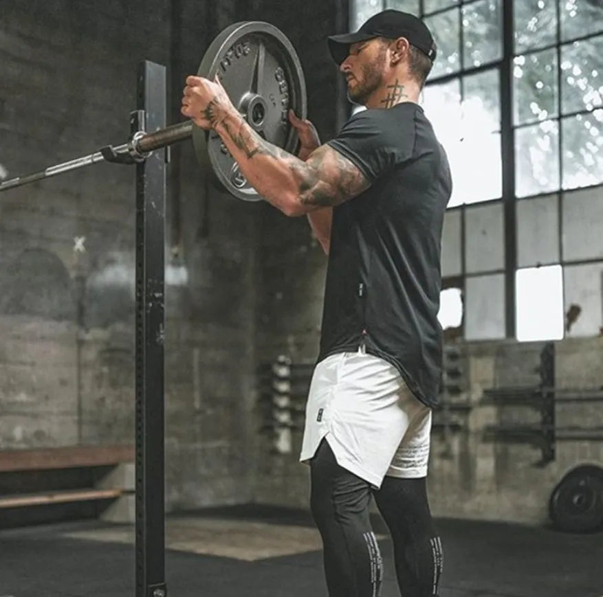 Custom mens fitness sports shirt in cotton-spandex blend, showing colour options: Army Green, Black, and White, some with a letter print.